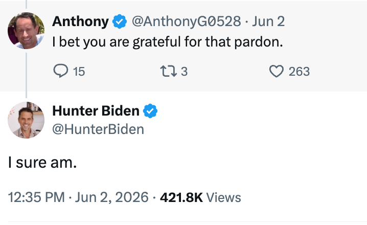 Tweet-utveksling: Anthony kommenterer takknemlighet for en benådning; Hunter Biden svarer bekreftende