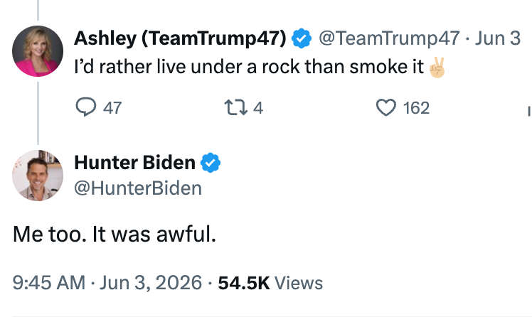 En Twitter-utveksling der Ashley sier at hun heller vil bo under en stein enn å røyke den, og Hunter Biden svarer og er enig i at det var forferdelig