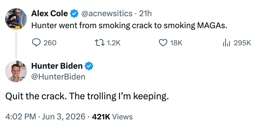 Tweet-utveksling mellom Alex Cole og Hunter Biden. Alex bemerker Hunter byttet fra narkotika til trolling MAGA. Hunter svarer humoristisk om trolling