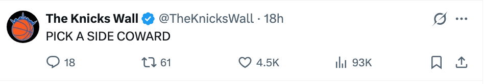Tweet av The Knicks Wall: "VELG EN SIDE FEIG" med engasjementsstatistikk nedenfor (likes, retweets osv.)