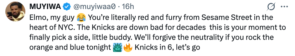 Tweet foreslår spøkefullt at Elmo fra Sesame Street velger en side mellom NYC's Knicks eller et annet lag, med leken oppmuntring om å støtte Knicks