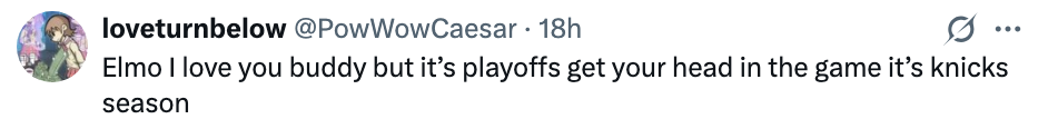 Tweet som henvender seg til Elmo, og oppfordrer til fokus på Knicks-sluttspillet