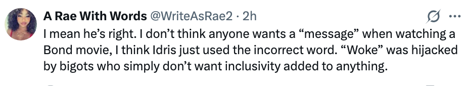 Tweet om Idris Elbas kommentar til Bond-filmer, der han diskuterer misbruk av ordet «våknet»; og inkludering