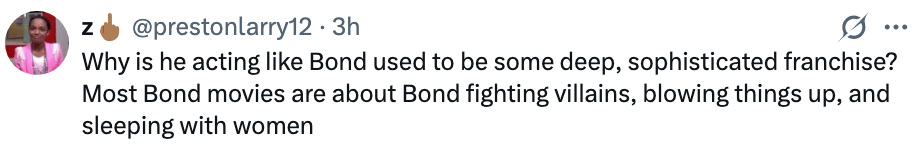 Tweet som stiller spørsmål ved fremstillingen av James Bond som en sofistikert franchise, og nevner temaer som kamp mot skurker, eksplosjoner og romantiske møter