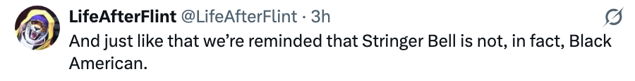 Tweet som nevner påminnelsen om at Stringer Bell ikke er svart amerikaner