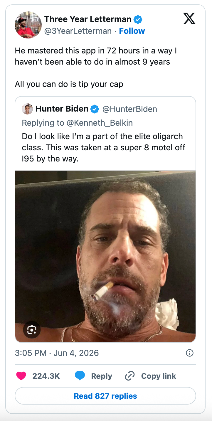 En tweet fra Hunter Biden med en selfie. Han spør om han ser ut som en del av eliteklassen og nevner å bo på et Super 8-motell