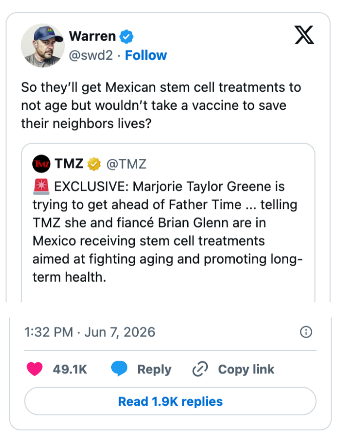 En tweet av Warren som siterer TMZ om Marjorie Taylor Greene i Mexico for anti-aldring stamcellebehandlinger og vaksineskepsis