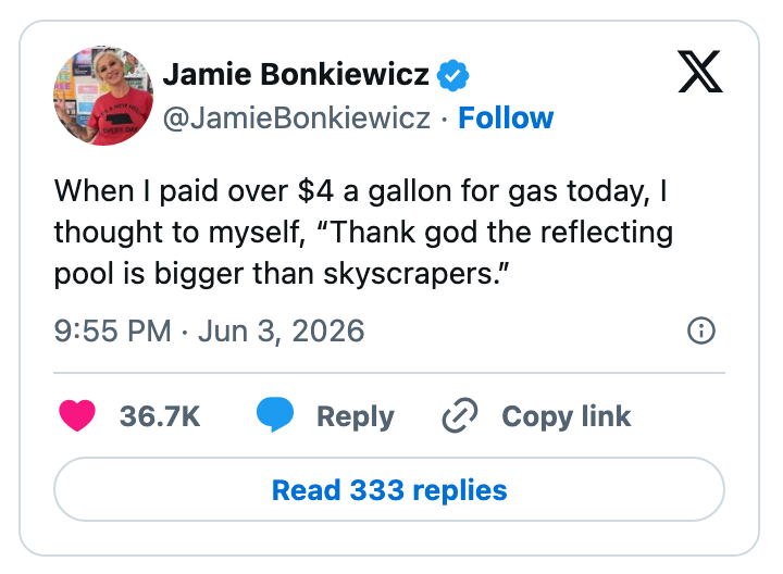 Tweet av Jamie Bonkiewicz som fleiper om de høye gassprisene og sier at det reflekterende bassenget er større enn skyskrapere