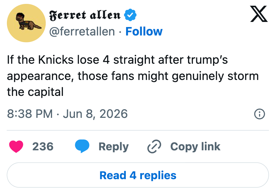 Tweet av @ferretallen vitser om Knicks-fans som stormer hovedstaden hvis de taper fire strake kamper etter Trumps opptreden