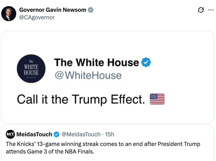 Guvernør Gavin Newsom retweeter et innlegg av MeidasTouch: Knicks' Seiersrekke slutter etter at president Trump har deltatt i NBA-finalen i Game 3