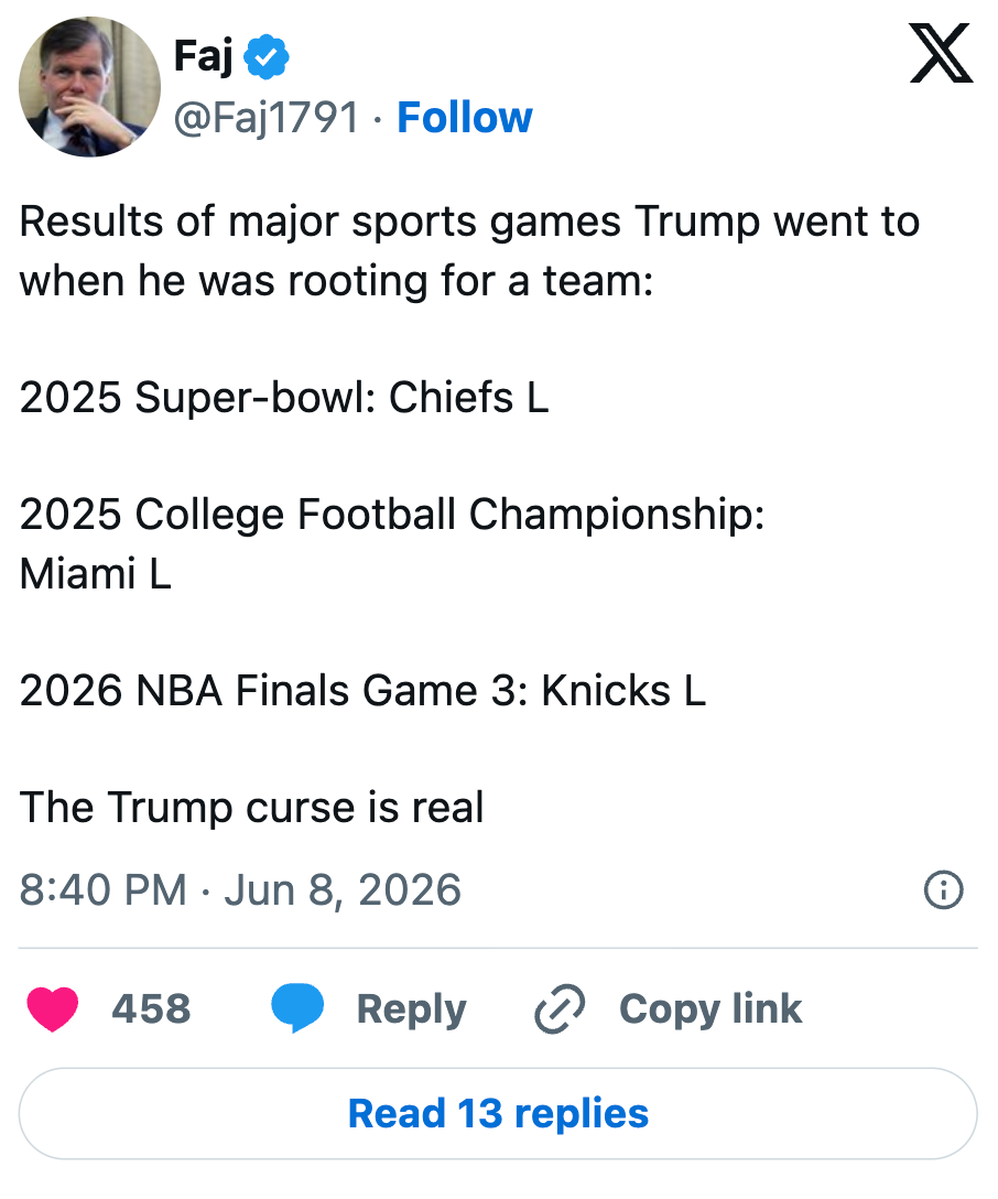 Sammendrag av en tweet som viser sportsbegivenheter som Donald Trump deltok på, og noterte tap for lagene han støttet og antydet humoristisk en 