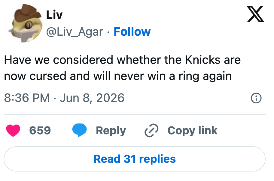 Sosiale medier-innlegg av Liv_Agar som stiller spørsmål ved om Knicks er forbannet og aldri vil vinne et mesterskap igjen