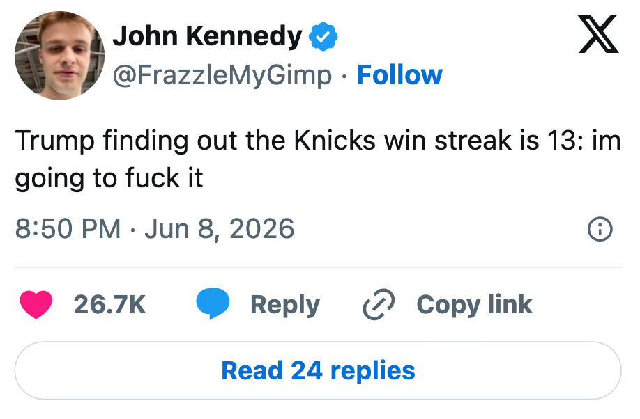 Tweet av John Kennedy som fleiper om Trumps reaksjon på Knicks' Seiersrekke på 13 kamper