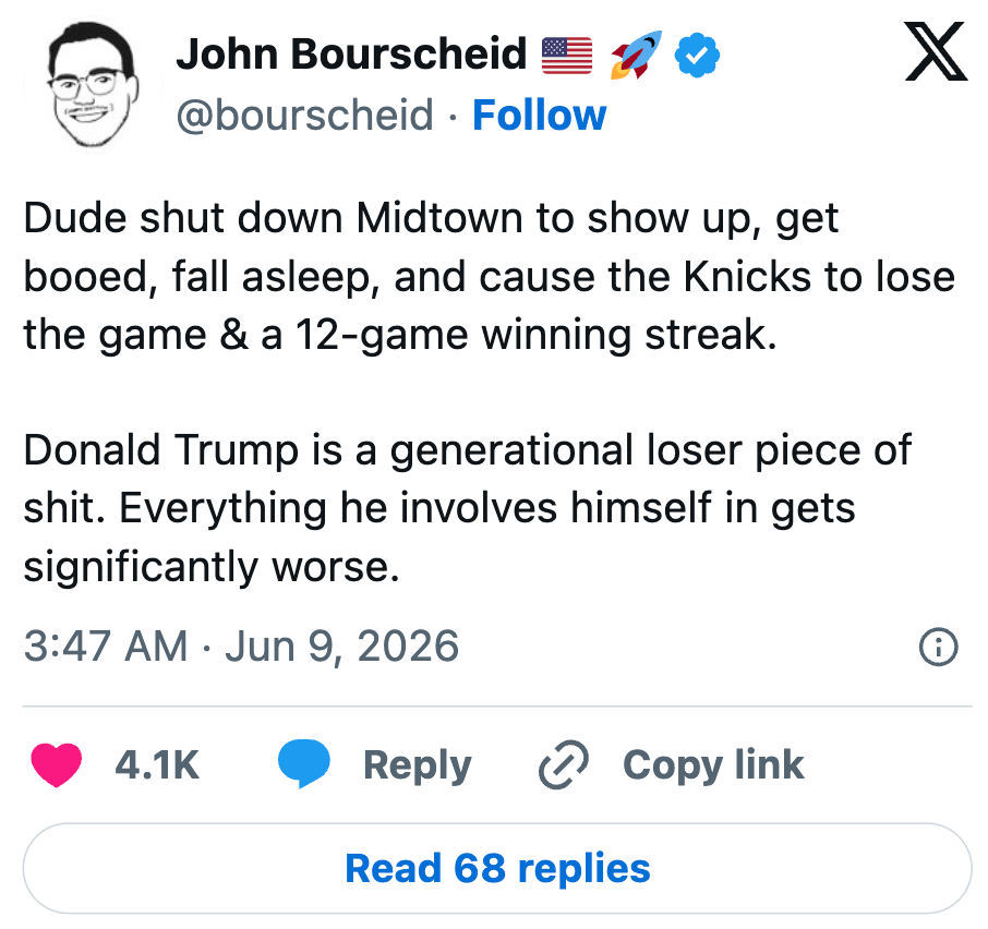 Sosiale medier-innlegg som kritiserer noen for å forstyrre NYC, føre til buemeldinger og et Knicks-tap, og kaller Donald Trump en 