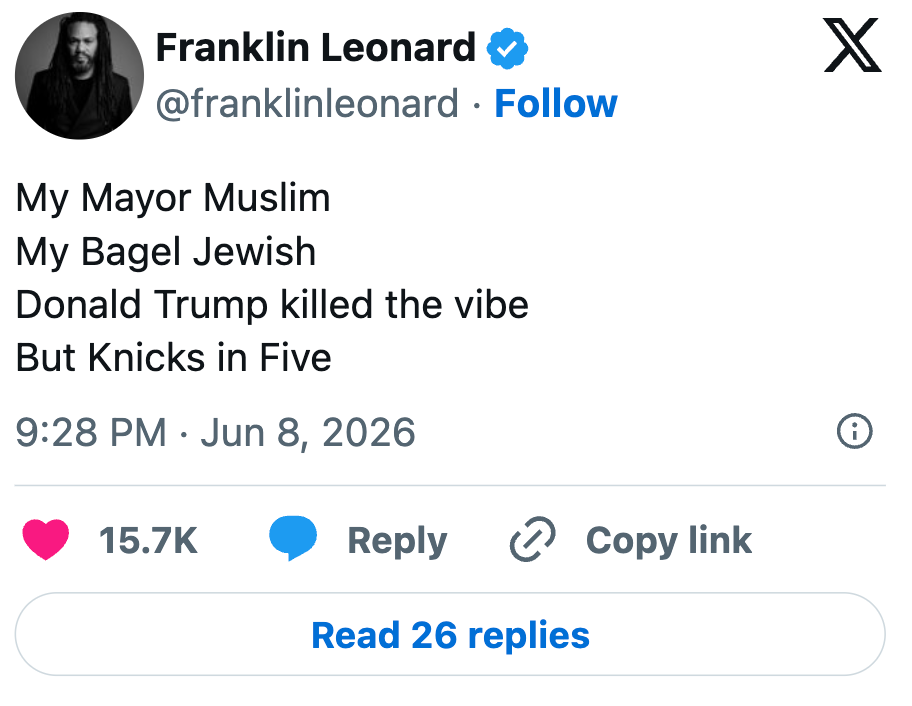 Tweet av Franklin Leonard nevner en muslimsk ordfører, jødisk bagel, Donald Trump og Knicks basketballprediksjon