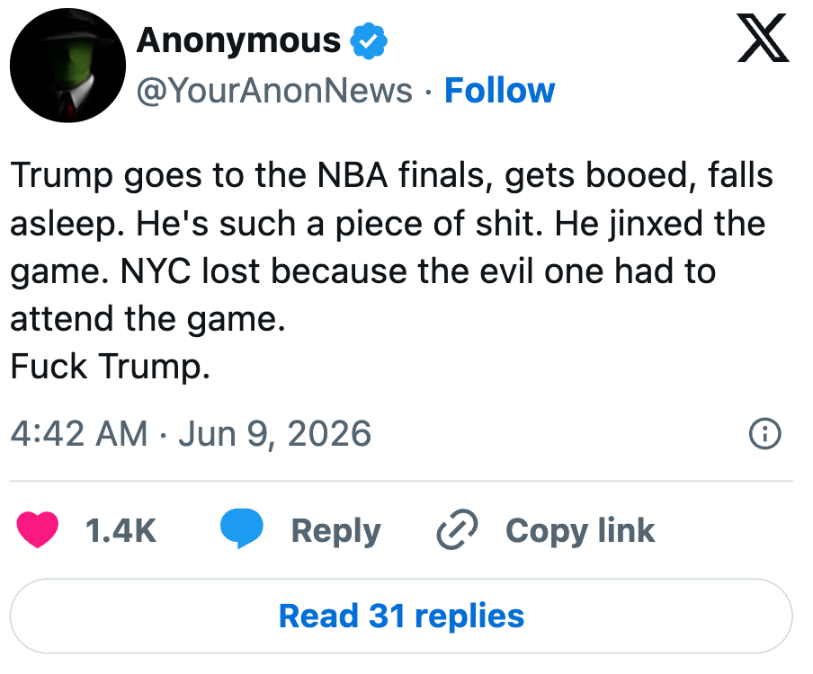 Tweet som uttrykker misbilligelse av Trump i NBA-finalen, nevner å bli buet, sovner og klandrer ham for NYCs tap