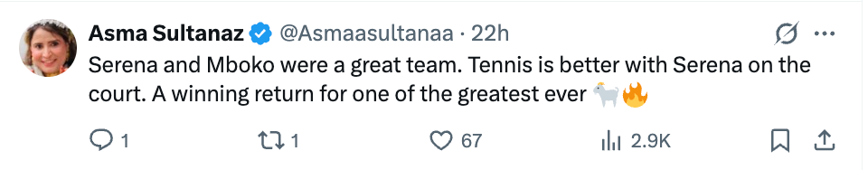 Tweet av Asma Sultanaz som berømmer Serena og Mboko som et flott tennislag, og fremhever Serenas retur til banen