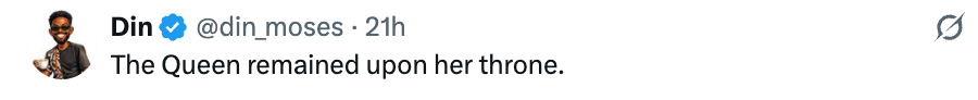 Tweet av @din_moses: "Dronningen forble på tronen hennes."