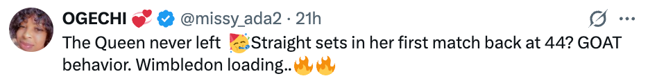 Tweet som berømmer en tennisspillers comeback, og vinner strake sett i en alder av 44. Beskriver dem som "GOAT" og nevner Wimbledon