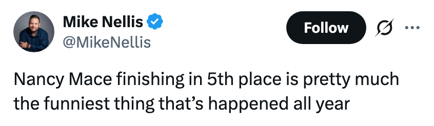 Tweet av Mike Nellis: "Nancy Mace som endte på 5. plass er stort sett det morsomste som har skjedd i hele år."
