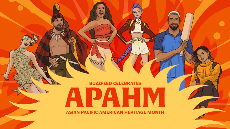 Illustrasjon av ulike individer som feirer Asian Pacific American Heritage Month, med livlige klær og dynamiske positurer. Teksten lyder: