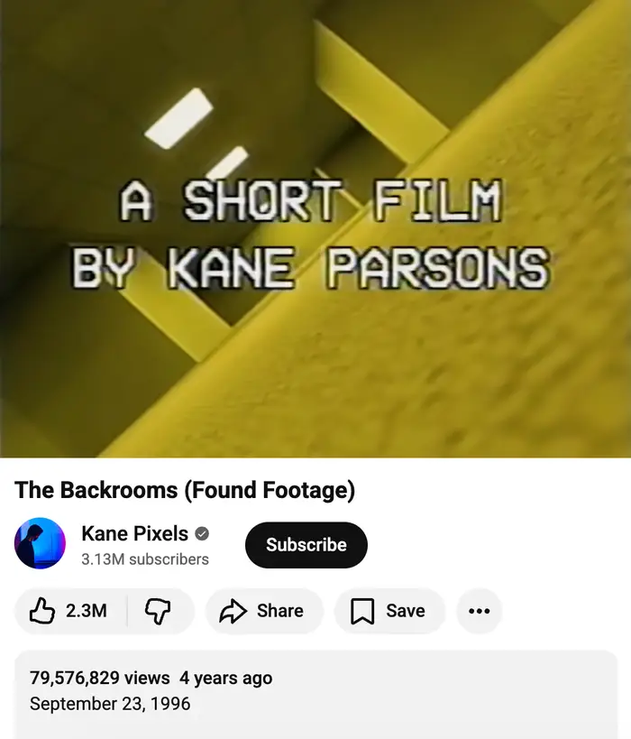 Teksten lyder: "En kortfilm av Kane Parsons." Video med tittelen "The Backrooms (Found Footage)" av Kane Pixels. 79,5 millioner visninger, lagt ut for 4 år siden