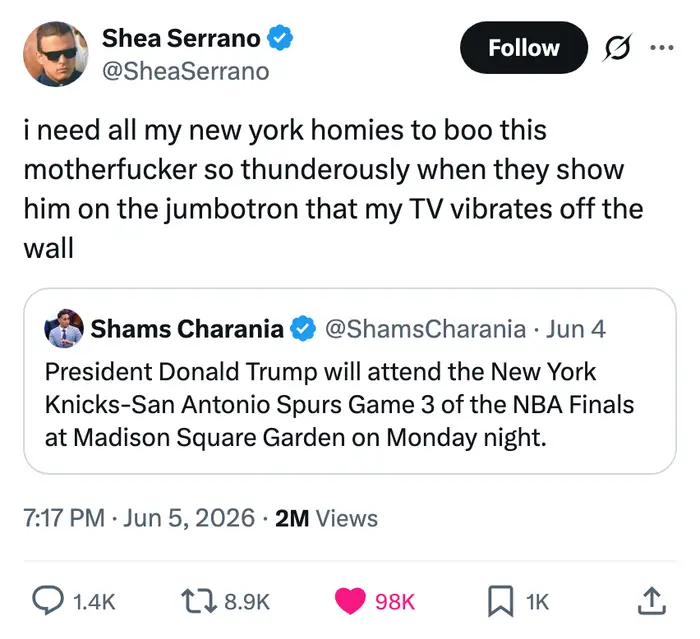 Tweet av Shea Serrano som på humoristisk vis ber newyorkere om å bue Donald Trump i Knicks-Spurs NBA Finals-kampen