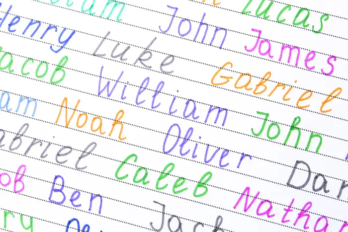 Kursive navn inkludert John, Lucas, Henry og Gabriel er skrevet på lined papir i forskjellige farger