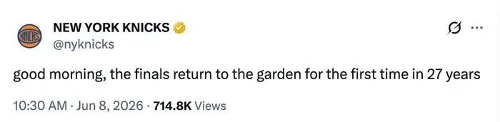 New York Knicks tweet som annonserer NBA-finalen' tilbake til Madison Square Garden for første gang på 27 år