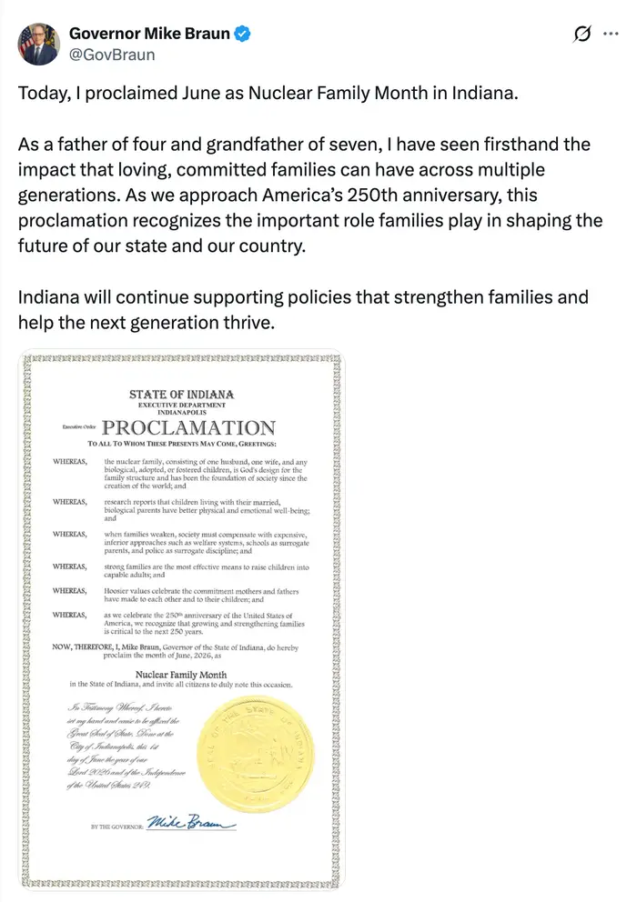 Tweet fra Mike Braun om å proklamere juni som kjernefamiliemåned i Indiana, og fremheve viktigheten av sterk familiepolitikk