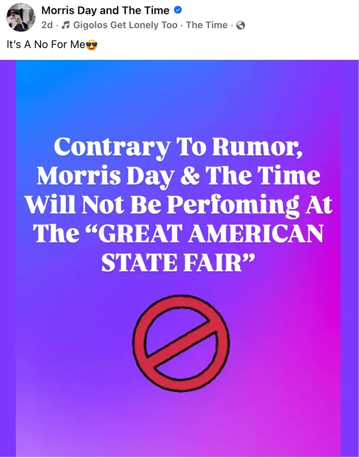 Bilde som viser et digitalt innlegg som sier at Morris Day & The Time vil ikke opptre på "Great American State Fair."