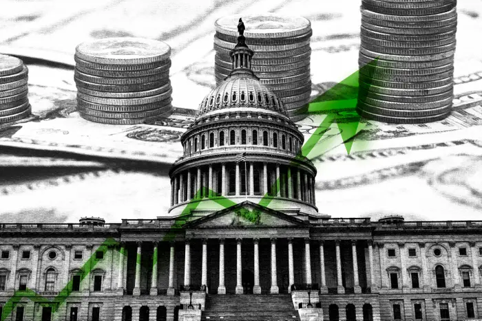 US Capitol-bygning med overlegg av stigende aksjediagram, som symboliserer økonomisk vekst, og stabler med mynter i bakgrunnen