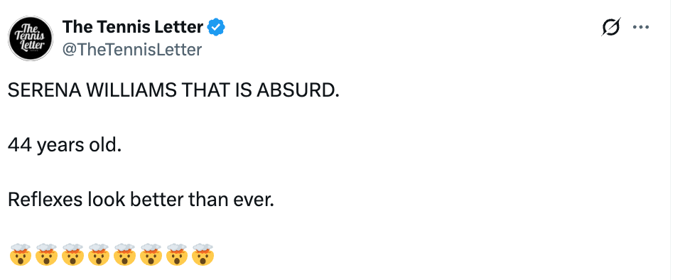 Tweet som berømmer Serena Williams' imponerende reflekser på 44 år, akkompagnert av englebjørne-emojier