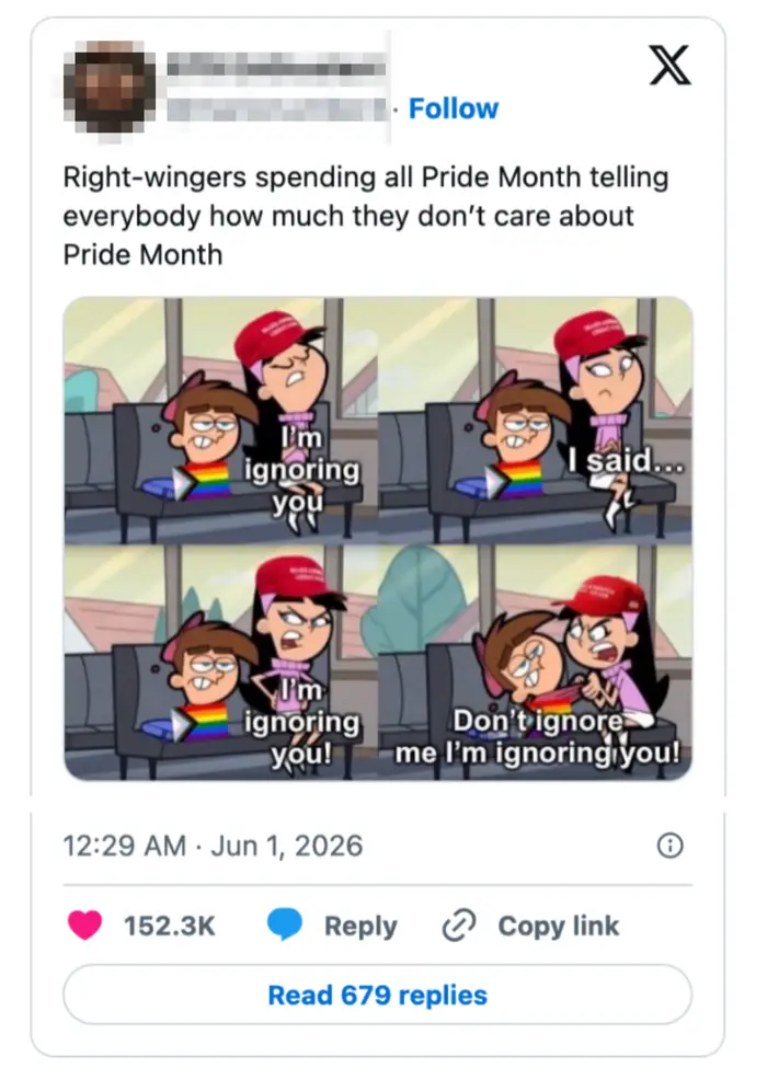 Tweet med et meme med tegneseriefigurer. Tekst: "Høyreorienterte bruker hele Pride-måneden på å fortelle alle hvor mye de ikke bryr seg om Pride-måneden."