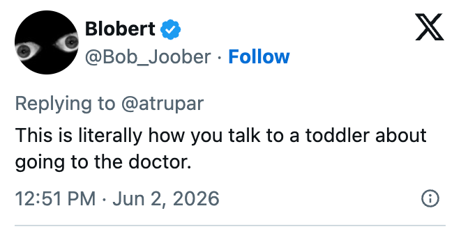 Tweet av Blobert: "Dette er bokstavelig talt hvordan du snakker med en pjokk om å gå til legen."