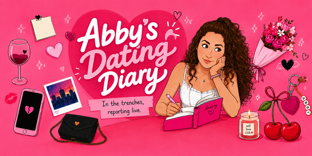 Illustrasjon av en kvinne som skriver i en dagbok omgitt av romantiske elementer som en telefon, vin og blomster. Tekst: "Abby's Dating Diary."