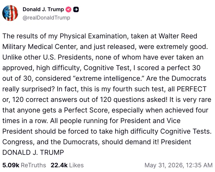 Sammendrag av tweettekst: Donald J. Trump diskuterer en perfekt poengsum på en kognitiv test tatt på Walter Reed, og utfordrer andre til å ta den