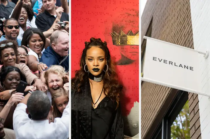 Tredelt bilde: Entusiastisk publikum som strekker seg, kvinne i elegant svart antrekk med kronekunst bak, Everlane-butikkskilt på en murvegg