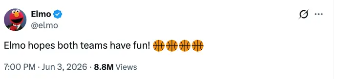 Tweet av Elmo: "Elmo håper begge lag har det gøy!" med basketball-emojier. 8,8 millioner visninger