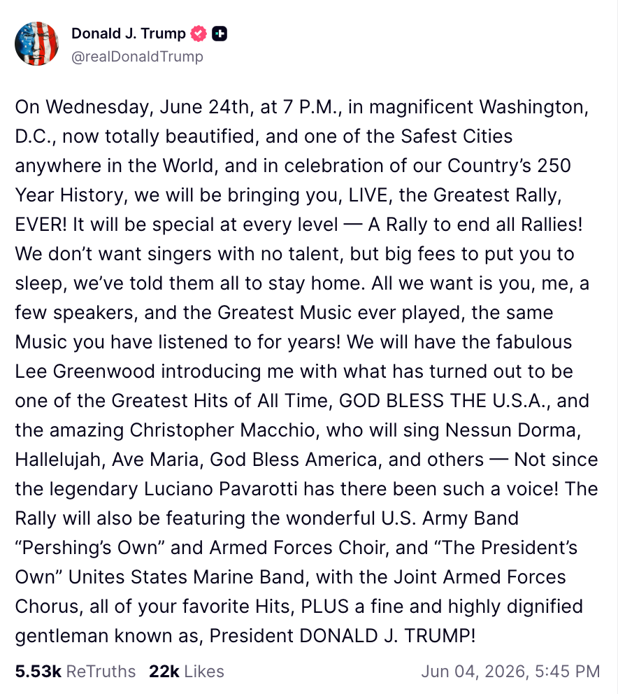 En melding om et rally 24. juni i Washington, DC, med høyttalere og musikk, inkludert Lee Greenwood og Christopher Macchio. Skrevet av Donald J. Trump