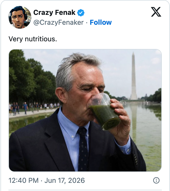 Mann i dress drikker grønn smoothie nær Washington Monument; tweet lyder,