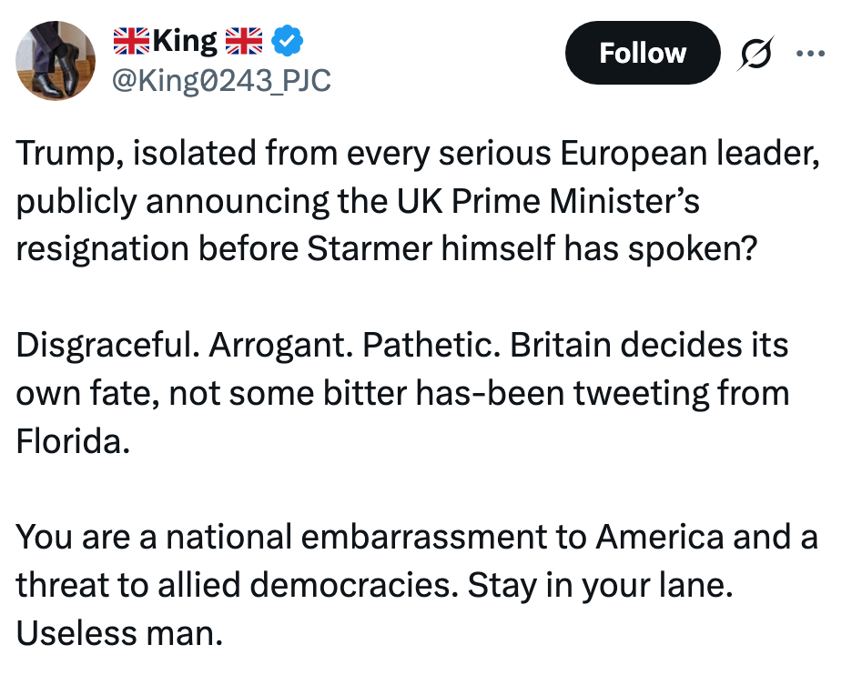 Skjermbilde av en tweet som kritiserer Trump for å ha snakket om britiske anliggender foran Storbritannias statsminister, og kalte ham arrogant og en nasjonal forlegenhet