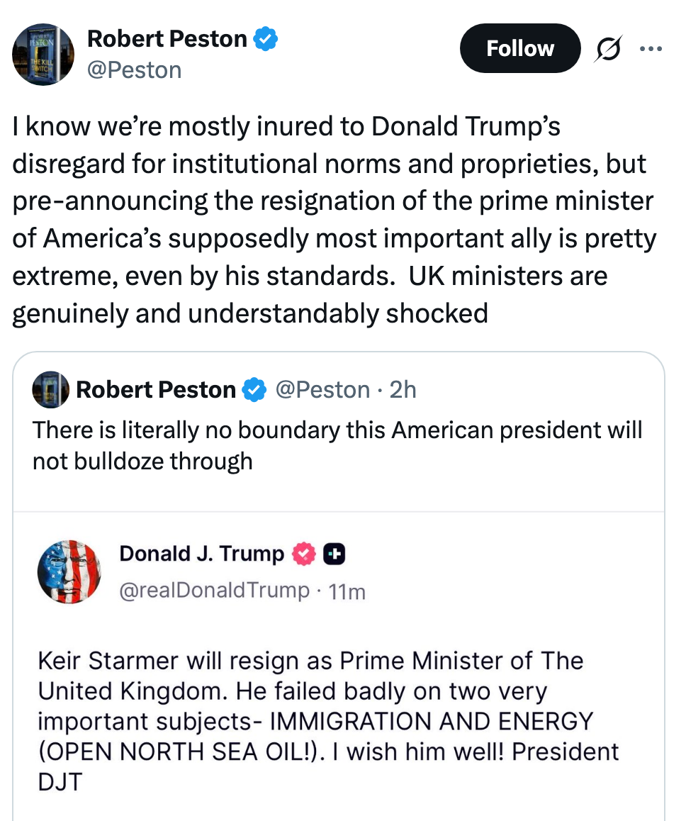 Tweet av Robert Peston som reagerer på en falsk påstand om at Keir Starmer trakk seg som Storbritannias statsminister, delt av en konto som utgir seg for å være Donald Trump
