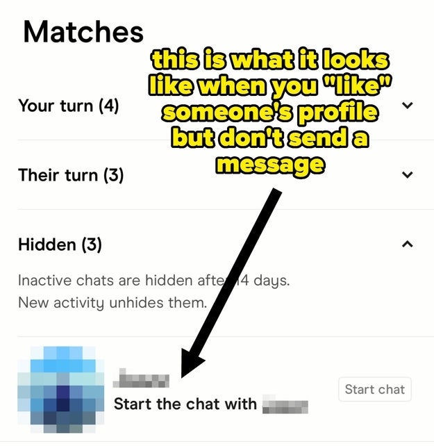 Dating-app som viser kampliste. Uthevet tekst noterer humoristisk hvordan det å like en profil uten meldinger ser ut
