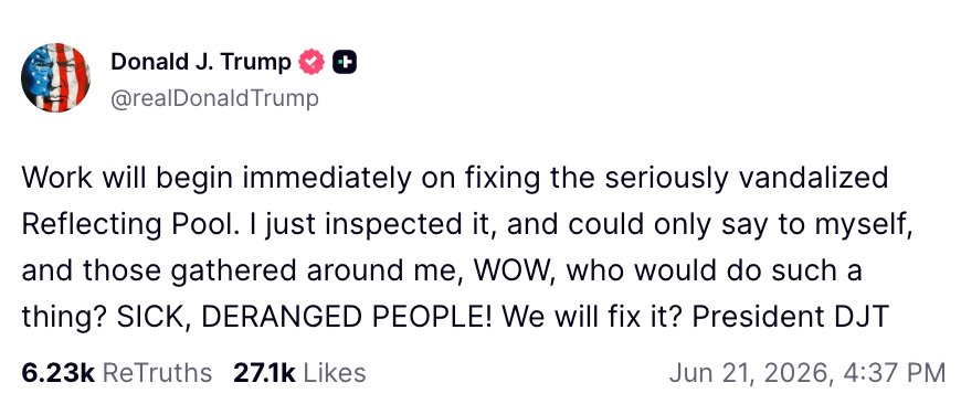 En tweet fra Donald J. Trump som uttrykker intensjon om å fikse det vandaliserte Reflecting Pool, og kaller vandalene