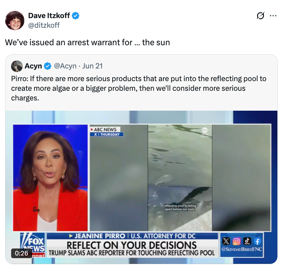 Tweet humoristisk utstedelse av en arrestordre for solen med et skjermbilde av et nyhetssegment med Jeanine Pirro som diskuterer miljøspørsmål