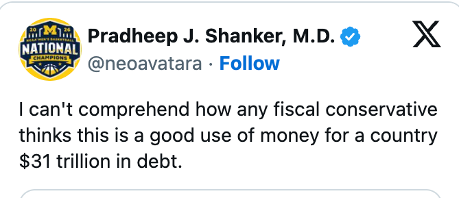 Tweet kritiserer finanspolitiske utgifter gitt USAs statsgjeld på 31 billioner dollar