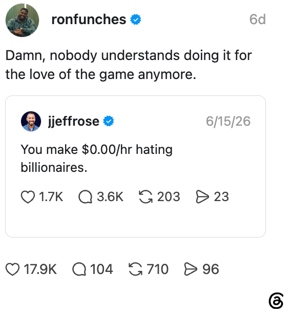 Instagram-innlegg av ronfunches viser en retweetet melding av jjeffrose: