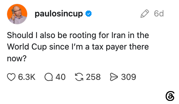 Sosiale medier innlegg av paulosincup spørrende om de burde støtte Iran i VM som skattebetaler der