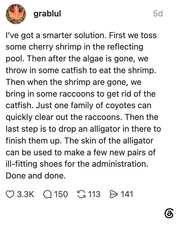 En humoristisk plan for å kontrollere damproblemer med reker, steinbit, vaskebjørn, prærieulver og en alligator, og slutter med alligatorens hud som brukes til sko